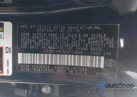2019 Toyota Camry Se from USA, damaged, VIN 4T1B11HK6KU741648